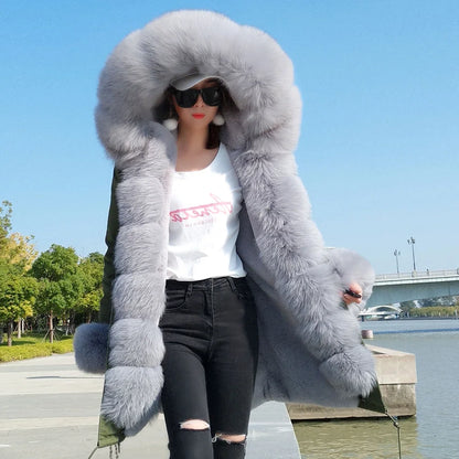 2020MaoMaoKong Echtfuchsfell Kapuzenjacke Damen Parker Langer Mantel, Winter Warme Jacke Mulher Parka Damen Freizeitjacke
