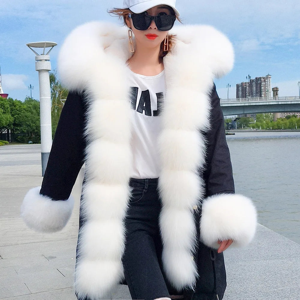 2020MaoMaoKong Echtfuchsfell Kapuzenjacke Damen Parker Langer Mantel, Winter Warme Jacke Mulher Parka Damen Freizeitjacke