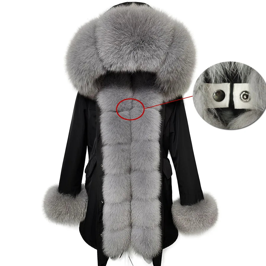 2020MaoMaoKong Echtfuchsfell Kapuzenjacke Damen Parker Langer Mantel, Winter Warme Jacke Mulher Parka Damen Freizeitjacke