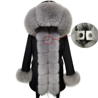 2020MaoMaoKong Echtfuchsfell Kapuzenjacke Damen Parker Langer Mantel, Winter Warme Jacke Mulher Parka Damen Freizeitjacke