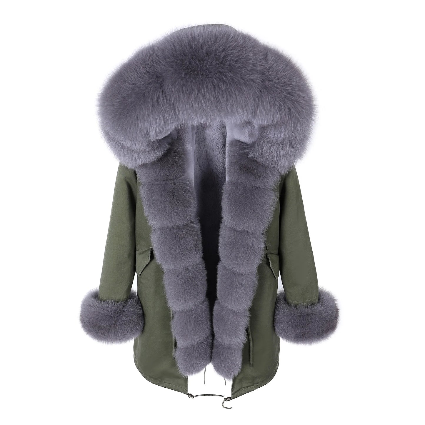 2020MaoMaoKong Echtfuchsfell Kapuzenjacke Damen Parker Langer Mantel, Winter Warme Jacke Mulher Parka Damen Freizeitjacke