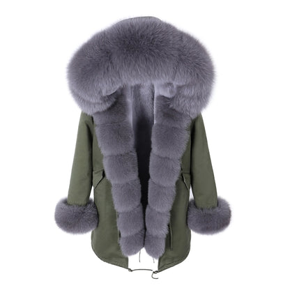 2020MaoMaoKong Echtfuchsfell Kapuzenjacke Damen Parker Langer Mantel, Winter Warme Jacke Mulher Parka Damen Freizeitjacke