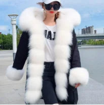 2020MaoMaoKong Echtfuchsfell Kapuzenjacke Damen Parker Langer Mantel, Winter Warme Jacke Mulher Parka Damen Freizeitjacke