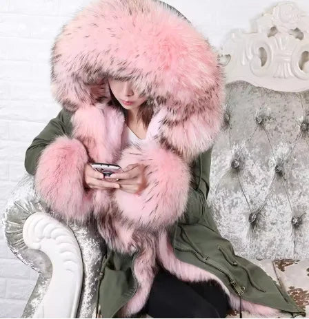 2020MaoMaoKong Echtfuchsfell Kapuzenjacke Damen Parker Langer Mantel, Winter Warme Jacke Mulher Parka Damen Freizeitjacke