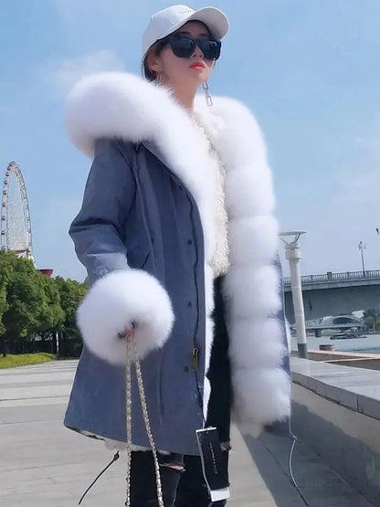 2020MaoMaoKong Echtfuchsfell Kapuzenjacke Damen Parker Langer Mantel, Winter Warme Jacke Mulher Parka Damen Freizeitjacke