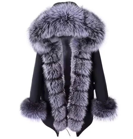 2020MaoMaoKong Echtfuchsfell Kapuzenjacke Damen Parker Langer Mantel, Winter Warme Jacke Mulher Parka Damen Freizeitjacke