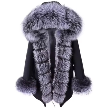 2020MaoMaoKong Echtfuchsfell Kapuzenjacke Damen Parker Langer Mantel, Winter Warme Jacke Mulher Parka Damen Freizeitjacke