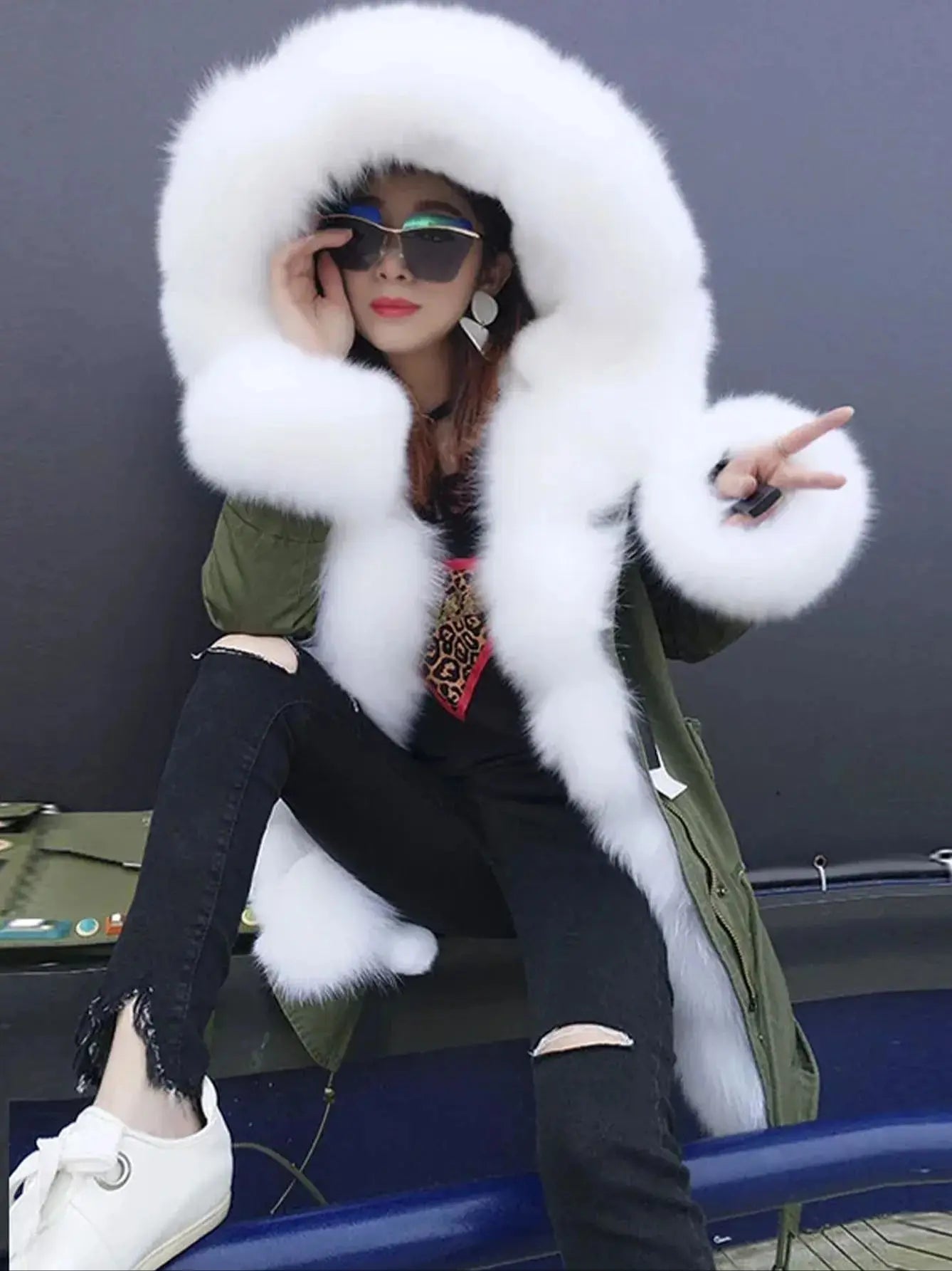 2020MaoMaoKong Echtfuchsfell Kapuzenjacke Damen Parker Langer Mantel, Winter Warme Jacke Mulher Parka Damen Freizeitjacke