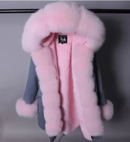 2020MaoMaoKong Echtfuchsfell Kapuzenjacke Damen Parker Langer Mantel, Winter Warme Jacke Mulher Parka Damen Freizeitjacke