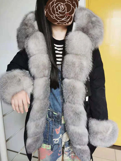 2020MaoMaoKong Echtfuchsfell Kapuzenjacke Damen Parker Langer Mantel, Winter Warme Jacke Mulher Parka Damen Freizeitjacke