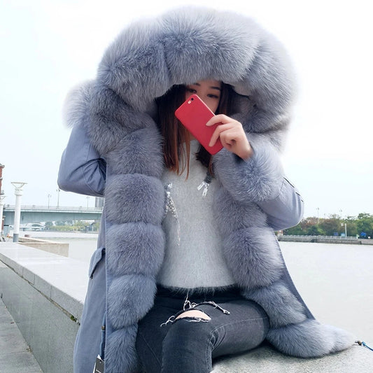 2020MaoMaoKong Echtfuchsfell Kapuzenjacke Damen Parker Langer Mantel, Winter Warme Jacke Mulher Parka Damen Freizeitjacke