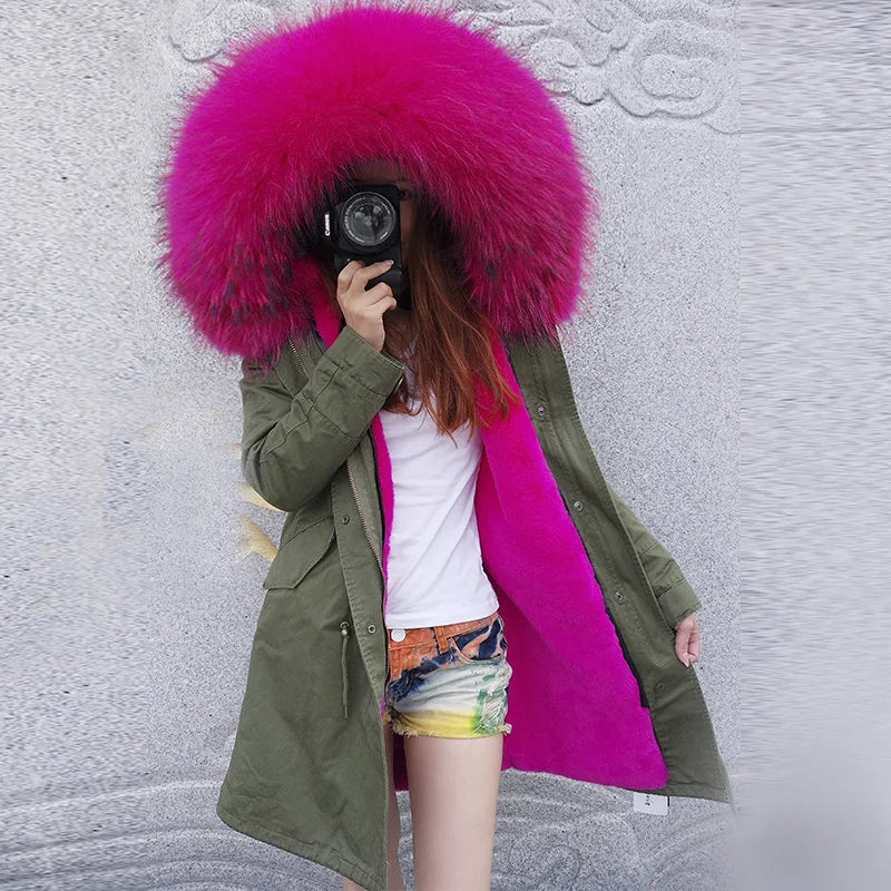 2020MaoMaoKong Echtfuchsfell Kapuzenjacke Damen Parker Langer Mantel, Winter Warme Jacke Mulher Parka Damen Freizeitjacke