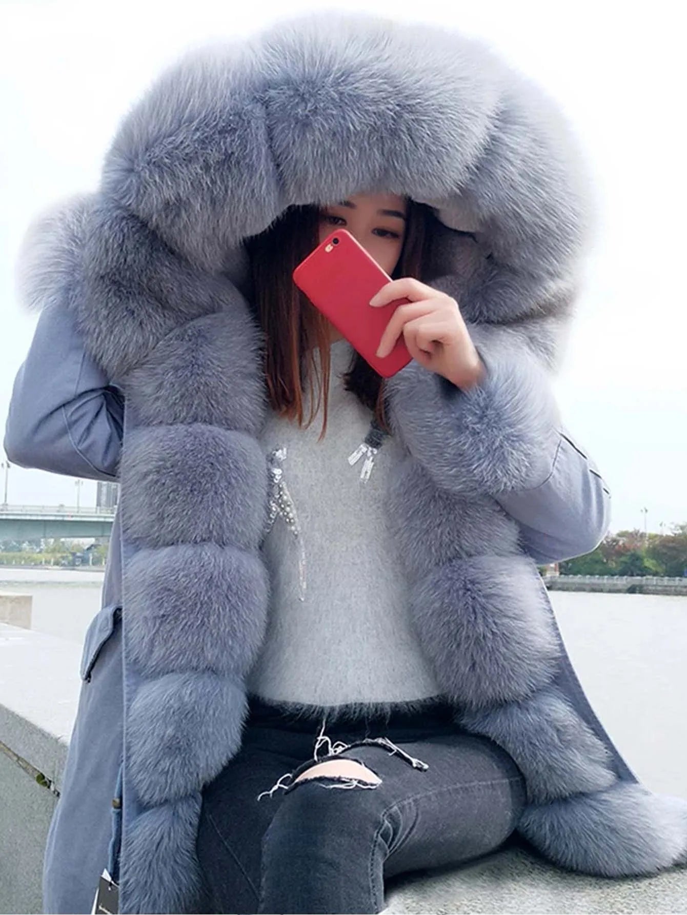 2020MaoMaoKong Echtfuchsfell Kapuzenjacke Damen Parker Langer Mantel, Winter Warme Jacke Mulher Parka Damen Freizeitjacke