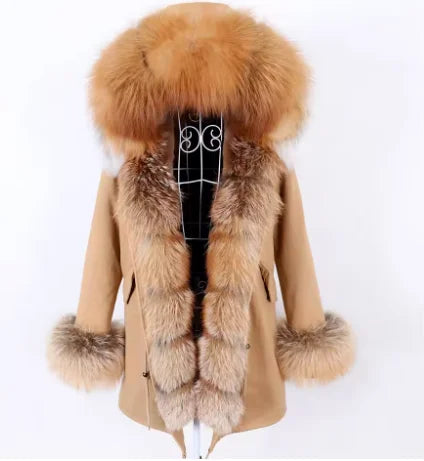 2020MaoMaoKong Echtfuchsfell Kapuzenjacke Damen Parker Langer Mantel, Winter Warme Jacke Mulher Parka Damen Freizeitjacke