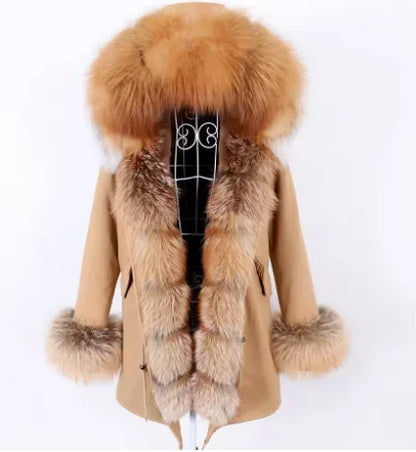 2020MaoMaoKong Echtfuchsfell Kapuzenjacke Damen Parker Langer Mantel, Winter Warme Jacke Mulher Parka Damen Freizeitjacke