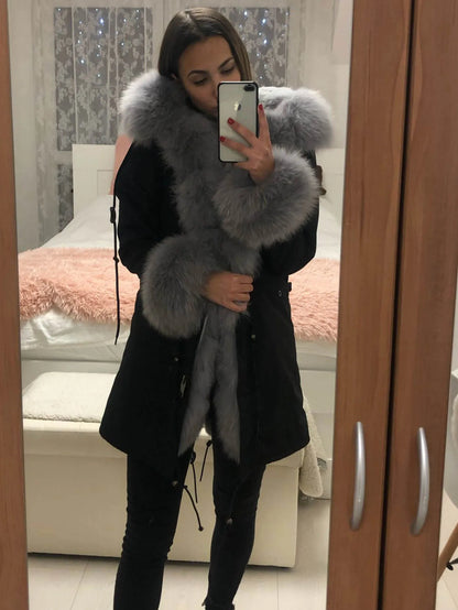 2020MaoMaoKong Echtfuchsfell Kapuzenjacke Damen Parker Langer Mantel, Winter Warme Jacke Mulher Parka Damen Freizeitjacke