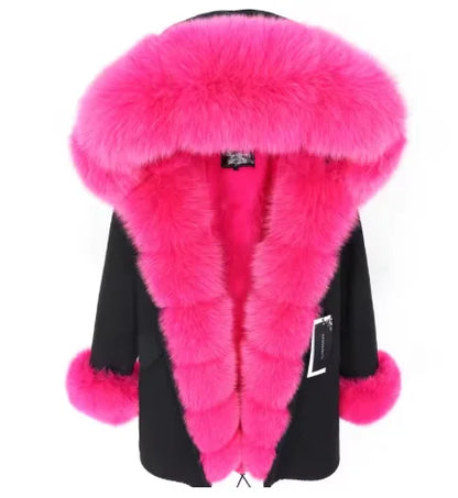 2020MaoMaoKong Echtfuchsfell Kapuzenjacke Damen Parker Langer Mantel, Winter Warme Jacke Mulher Parka Damen Freizeitjacke