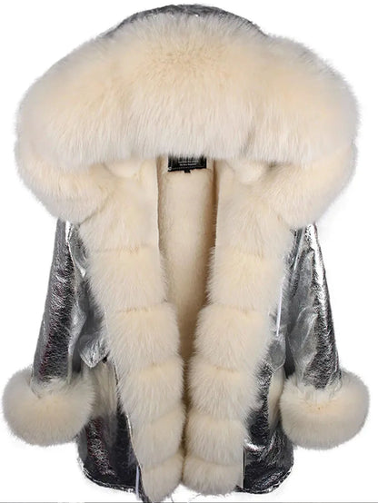 2020MaoMaoKong Echtfuchsfell Kapuzenjacke Damen Parker Langer Mantel, Winter Warme Jacke Mulher Parka Damen Freizeitjacke