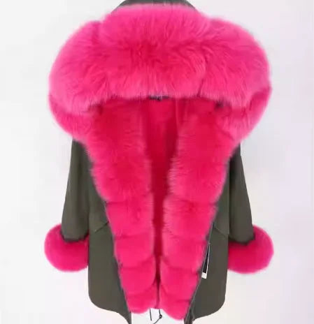 2020MaoMaoKong Echtfuchsfell Kapuzenjacke Damen Parker Langer Mantel, Winter Warme Jacke Mulher Parka Damen Freizeitjacke