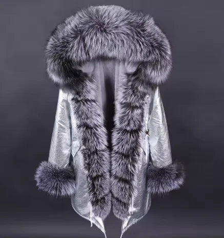 2020MaoMaoKong Echtfuchsfell Kapuzenjacke Damen Parker Langer Mantel, Winter Warme Jacke Mulher Parka Damen Freizeitjacke
