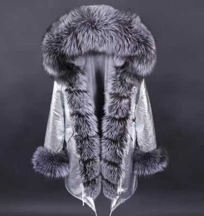 2020MaoMaoKong Echtfuchsfell Kapuzenjacke Damen Parker Langer Mantel, Winter Warme Jacke Mulher Parka Damen Freizeitjacke