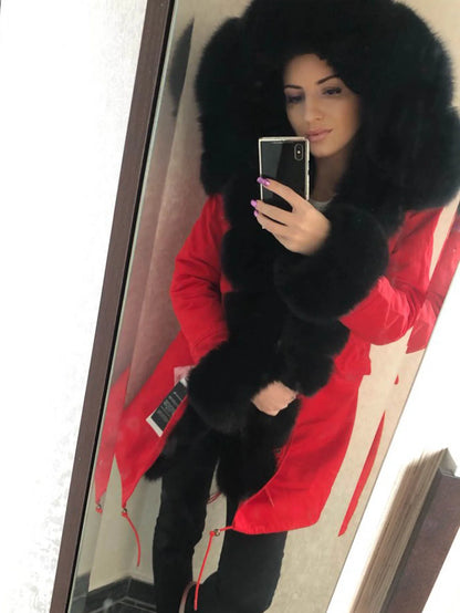 2020MaoMaoKong Echtfuchsfell Kapuzenjacke Damen Parker Langer Mantel, Winter Warme Jacke Mulher Parka Damen Freizeitjacke