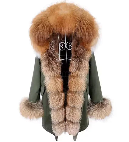 2020MaoMaoKong Echtfuchsfell Kapuzenjacke Damen Parker Langer Mantel, Winter Warme Jacke Mulher Parka Damen Freizeitjacke