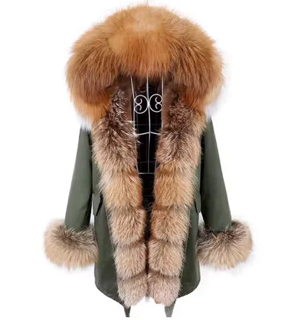 2020MaoMaoKong Echtfuchsfell Kapuzenjacke Damen Parker Langer Mantel, Winter Warme Jacke Mulher Parka Damen Freizeitjacke