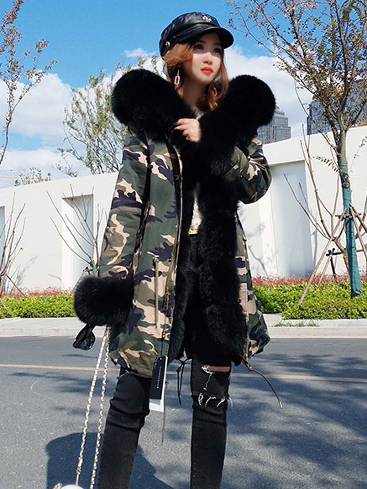 2020MaoMaoKong Echtfuchsfell Kapuzenjacke Damen Parker Langer Mantel, Winter Warme Jacke Mulher Parka Damen Freizeitjacke
