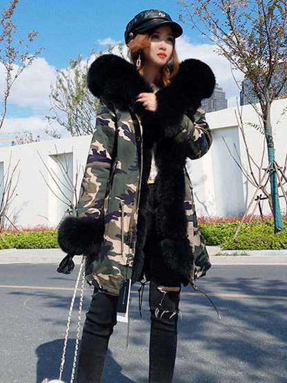 2020MaoMaoKong Echtfuchsfell Kapuzenjacke Damen Parker Langer Mantel, Winter Warme Jacke Mulher Parka Damen Freizeitjacke