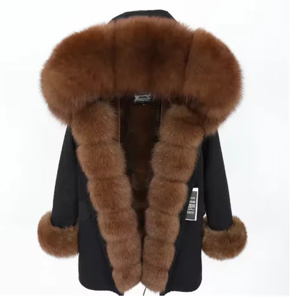 2020MaoMaoKong Echtfuchsfell Kapuzenjacke Damen Parker Langer Mantel, Winter Warme Jacke Mulher Parka Damen Freizeitjacke