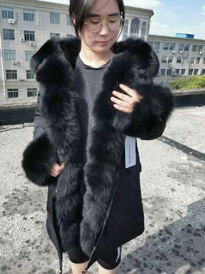 2020MaoMaoKong Echtfuchsfell Kapuzenjacke Damen Parker Langer Mantel, Winter Warme Jacke Mulher Parka Damen Freizeitjacke