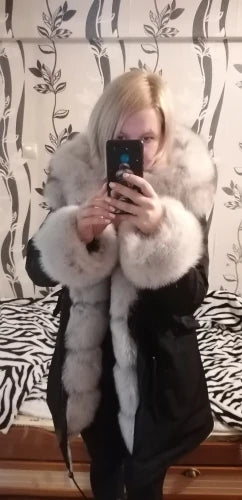 2020MaoMaoKong Echtfuchsfell Kapuzenjacke Damen Parker Langer Mantel, Winter Warme Jacke Mulher Parka Damen Freizeitjacke