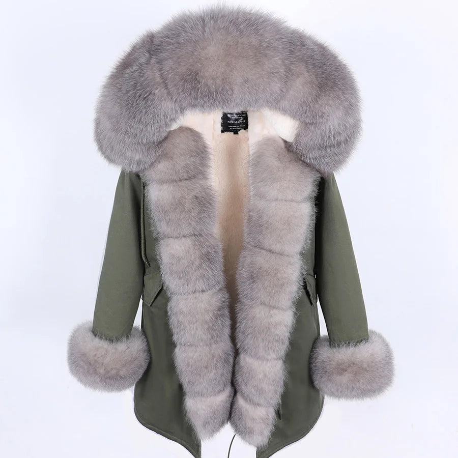 2020MaoMaoKong Echtfuchsfell Kapuzenjacke Damen Parker Langer Mantel, Winter Warme Jacke Mulher Parka Damen Freizeitjacke