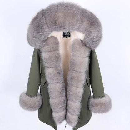 2020MaoMaoKong Echtfuchsfell Kapuzenjacke Damen Parker Langer Mantel, Winter Warme Jacke Mulher Parka Damen Freizeitjacke